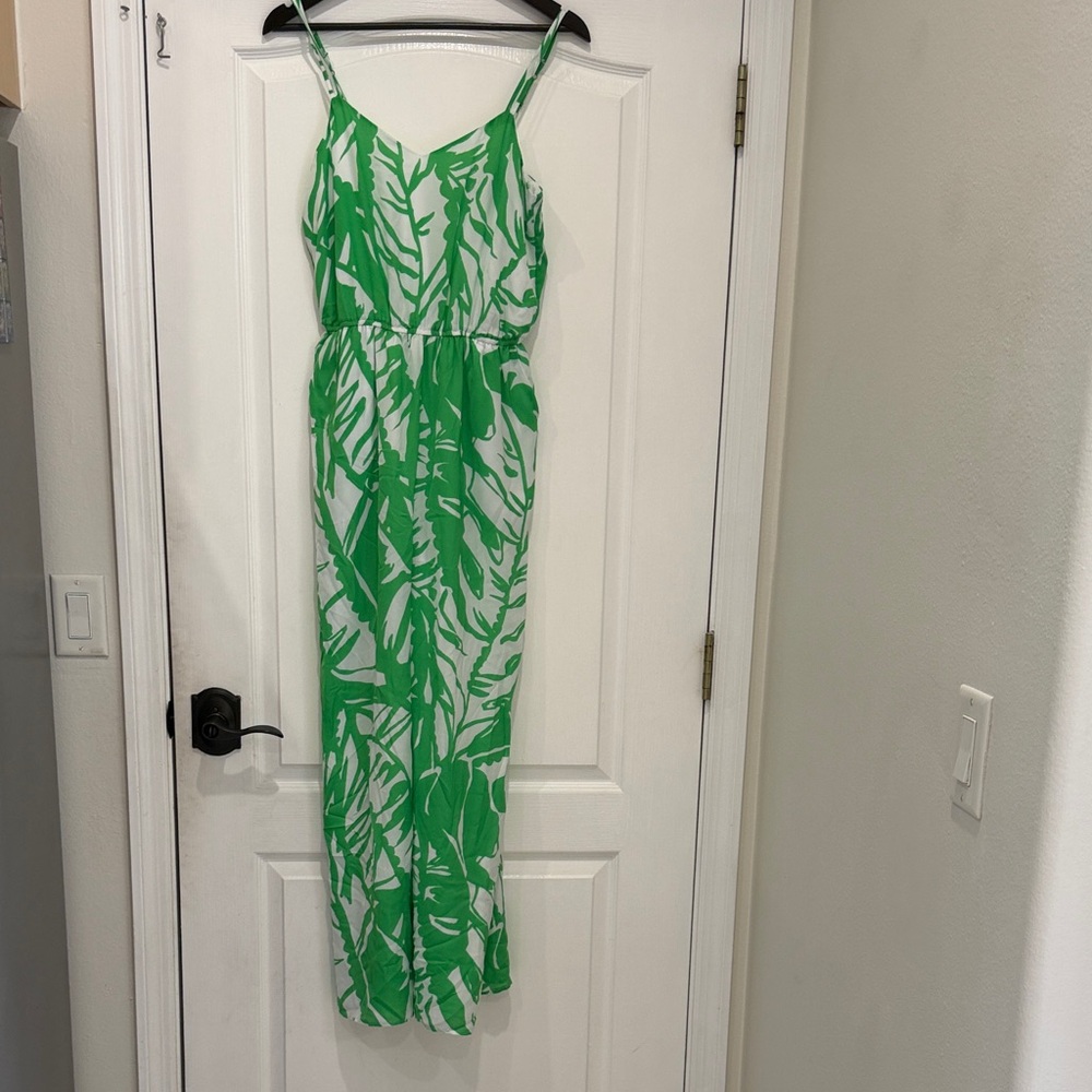 Lilly Pulitzer Green & White Tropical Leaf Spaghetti-Strap Jumpsuit
